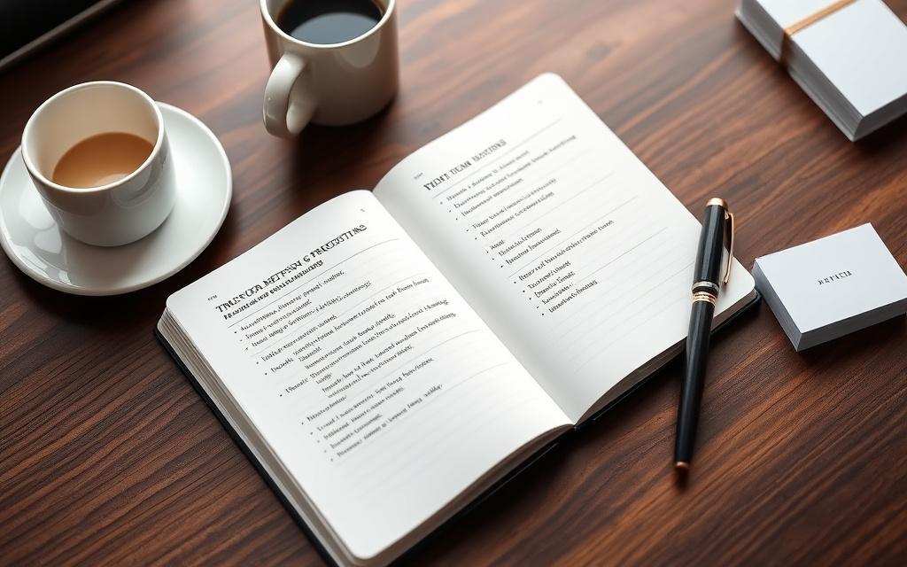 Notebook with notes about business English meetings