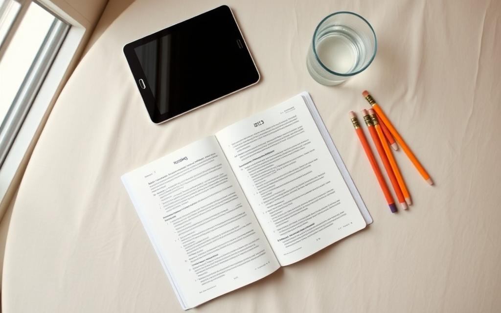 IELTS preparation desk with a tablet and a notebook