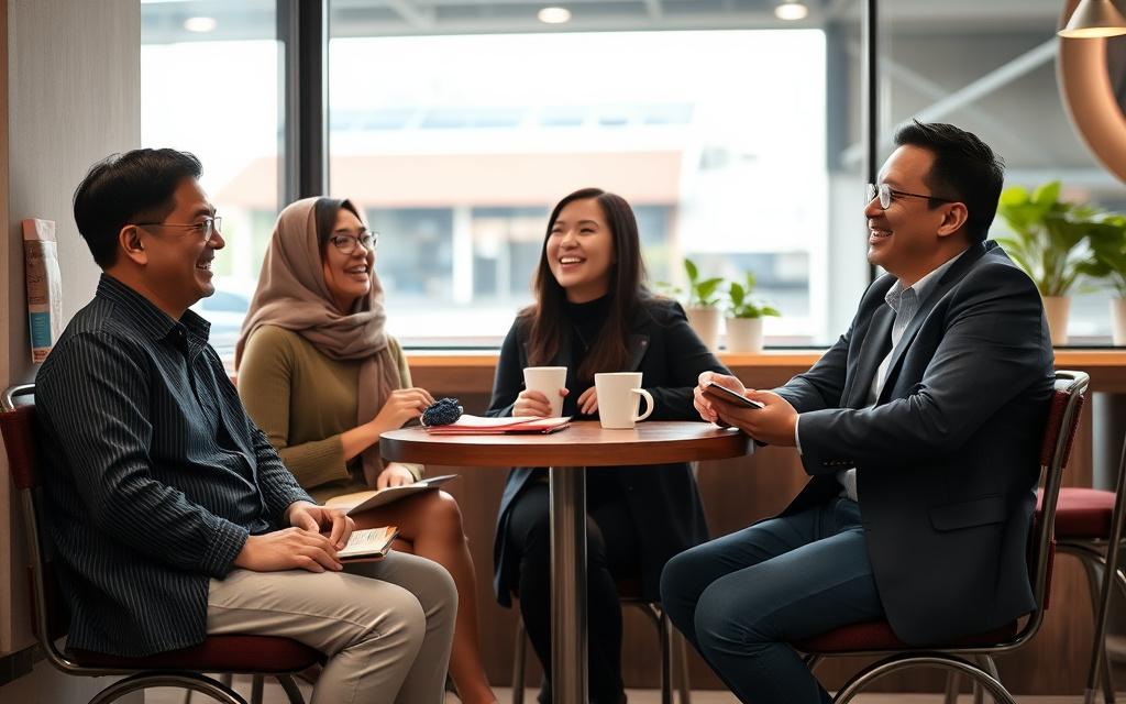 Small group of adults laughing during a conversation class