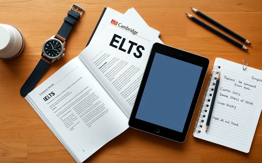 Student preparing for IELTS exam with notebooks
