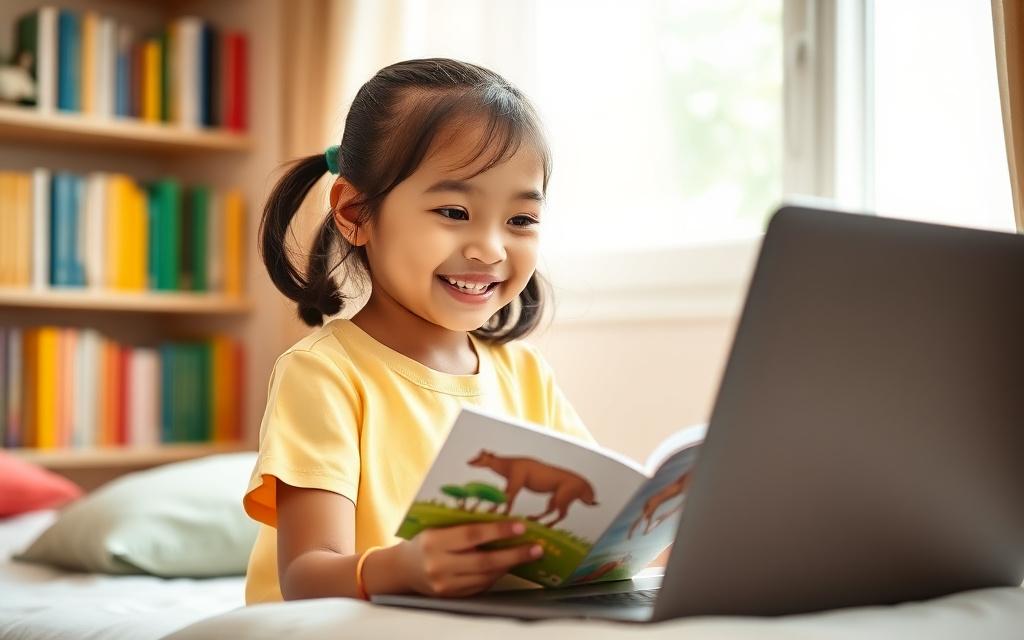 Young learner laughing during an online English lesson