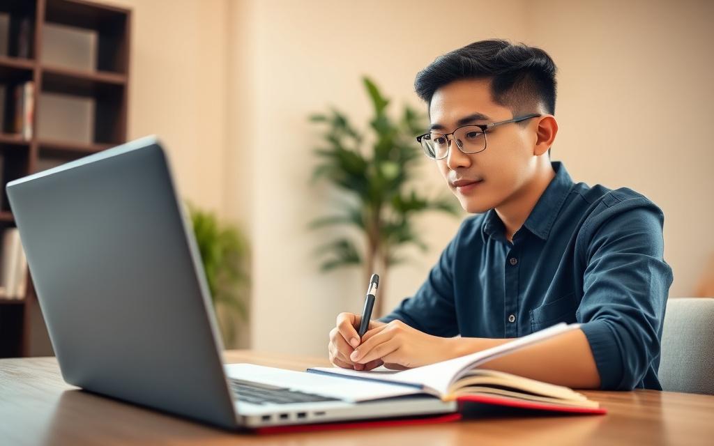 Adult learner on a video call with an English mentor