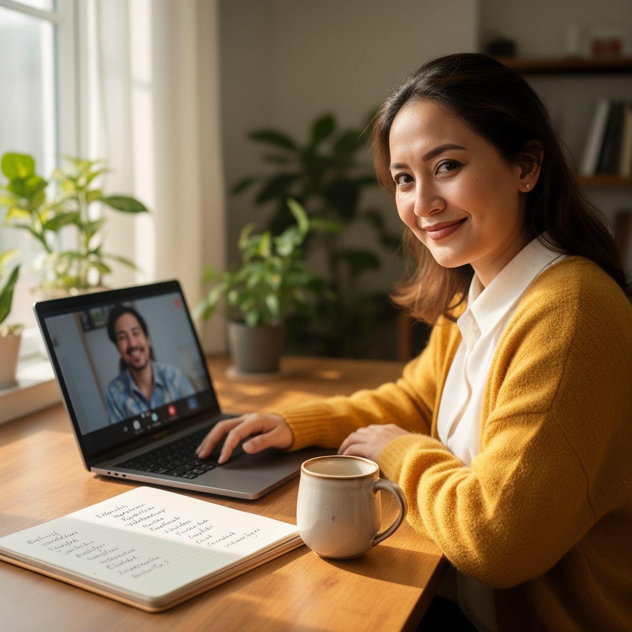 Adult learner speaking English on a laptop with a native tutor on screen
